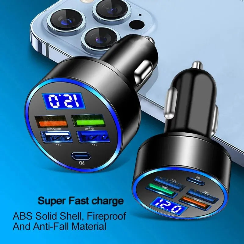 Car Charger 66w 5-port 4USB+1PD Fast Charging Adapter for Apple and